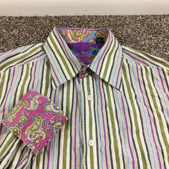 Robert Graham Shirt Paisley Flip Cuff Striped Silk Trim L/S Button Up Mens Large - Picture 1 of 11